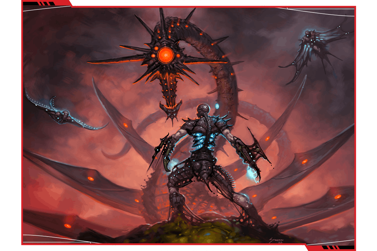 An image from The Strange showing a scene in Ruk, with a being facing off against a large and dangerous creature.