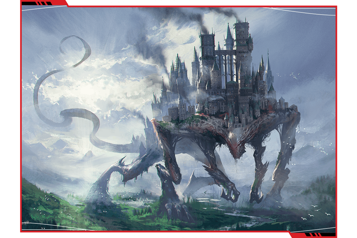 A scene showing a huge creature dwarfing the landscape around it; on its back is a gothic city.