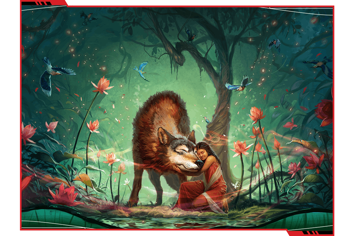 A colorful illustration showing a woman surrounded by birds as she kneels in front of her giant wolf friend.