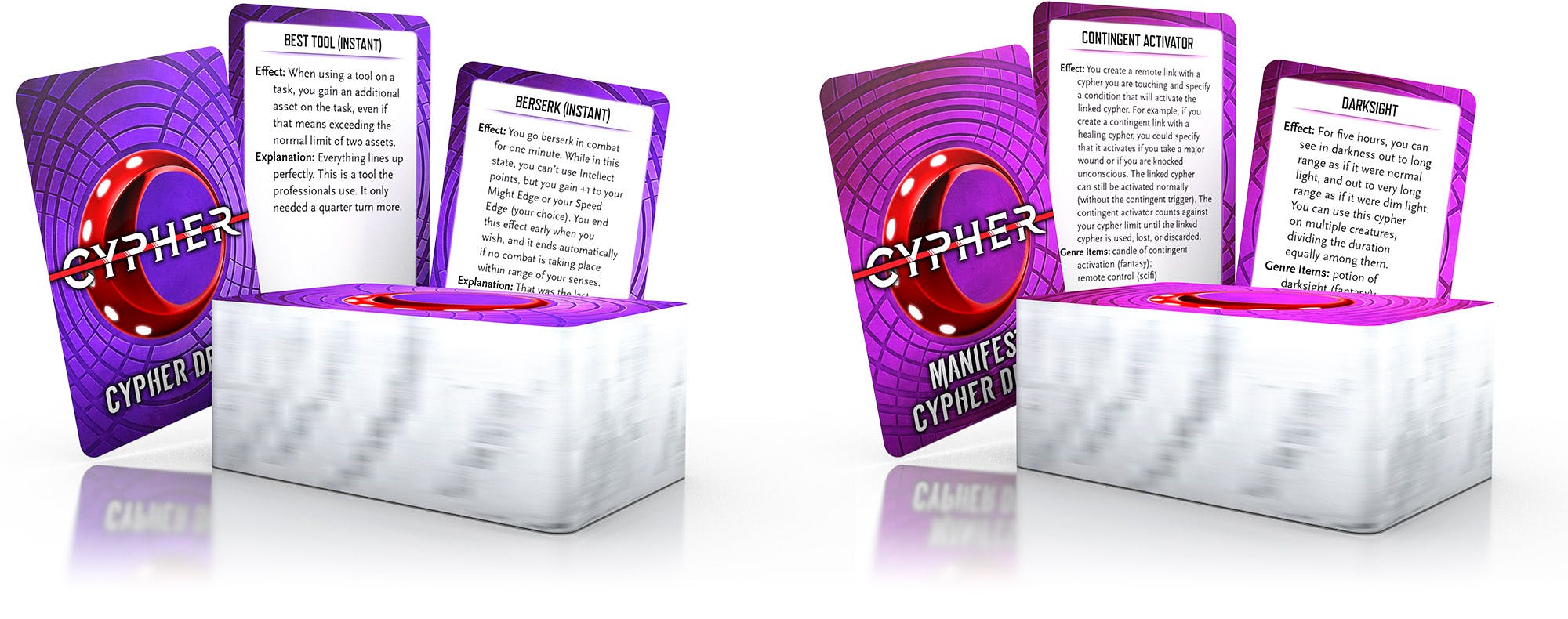 An image showing the Cypher Deck in a purple color, and the Manifest Cypher Deck in a magenta color.