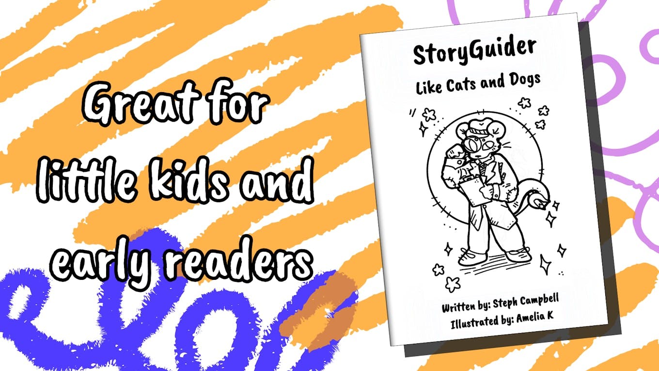  Great for little kids and early readers.  To the right of this, the graphic shows teh cover of StoryGuider Like Cats and Dogs featuring a drawing of a mouse detective. 