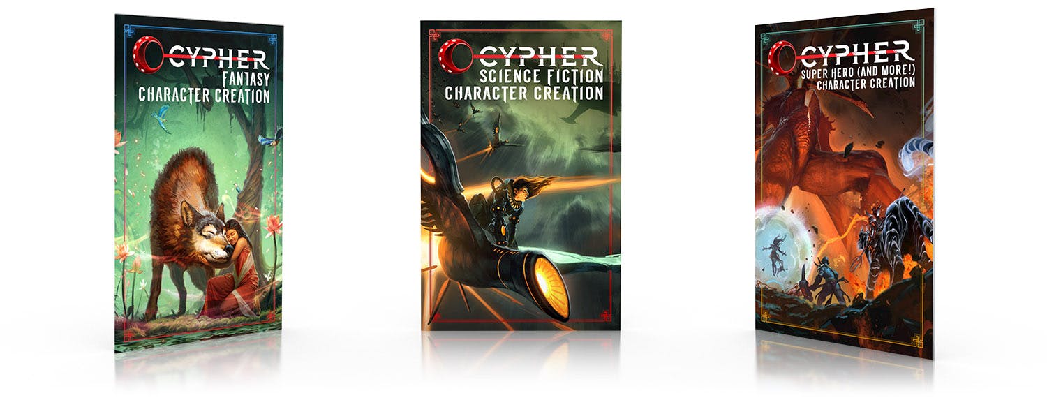 An image showing the three genre zines: Cypher Fantasy Character Creation, Cypher Science Fiction Character Creation, and Cypher Super Hero (and More!) Character Creation.
