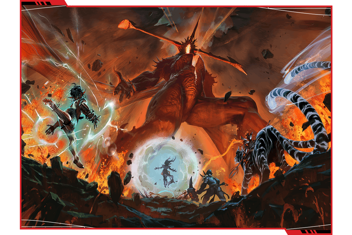 A scene showing a a party of characters, including powerful fighters, flying magic users, and one astride a giant two-tailed tiger-like creature approaching a massive demon for an epic showdown.