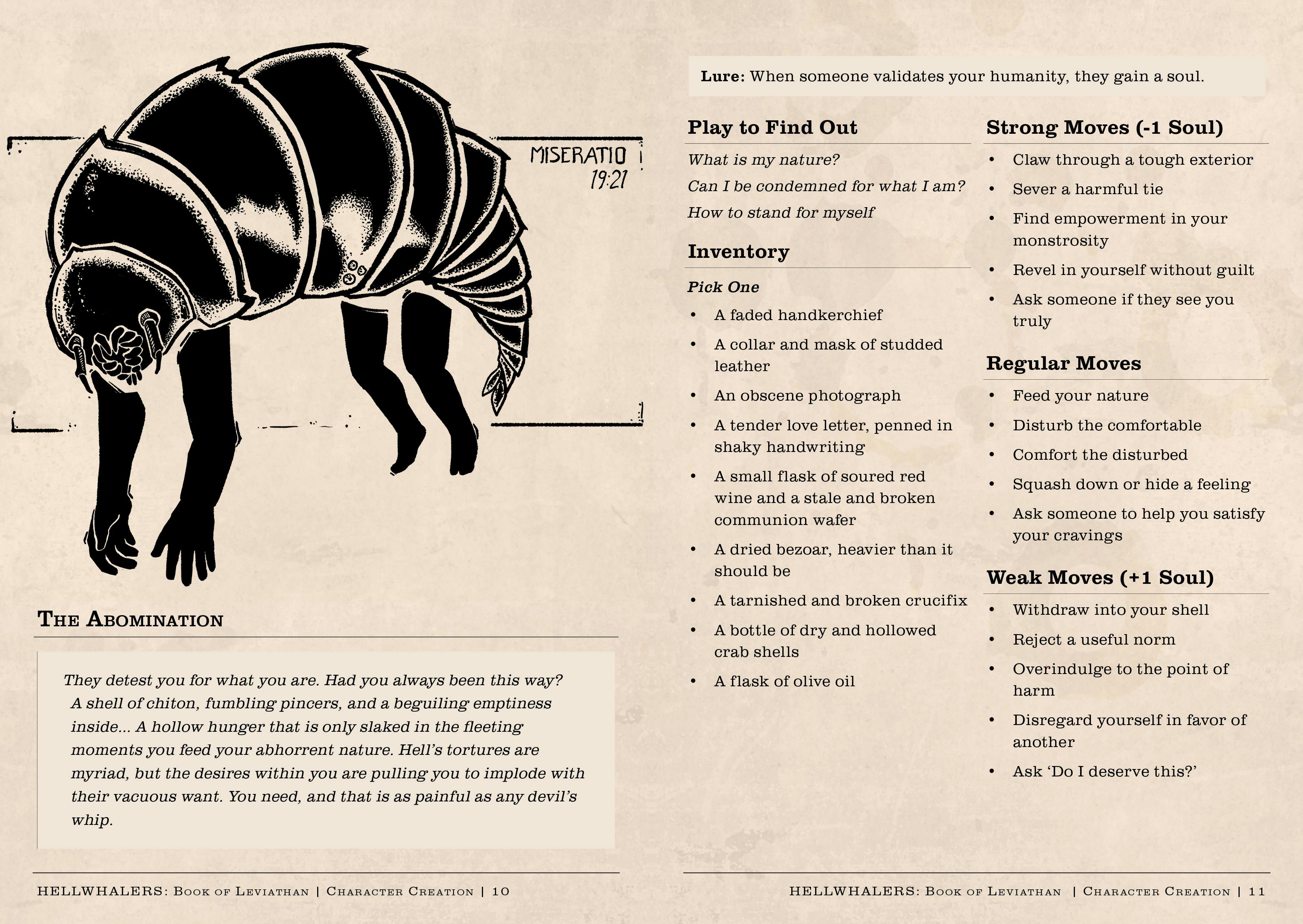 The Abomination playbook, depicting an arthropod or crustacean with human arms and legs. There is flavor text, an inventory, and a set of moves.