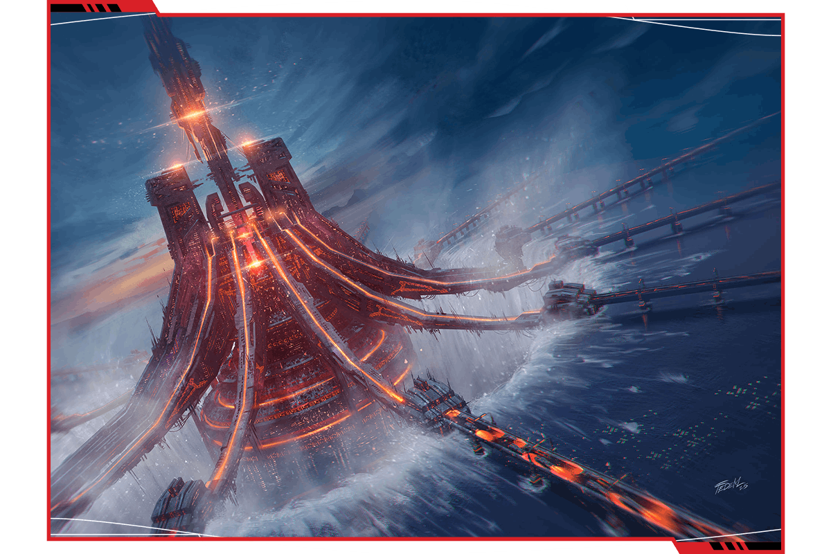 A colorful scene showing a space elevator rising up out of the ocean.