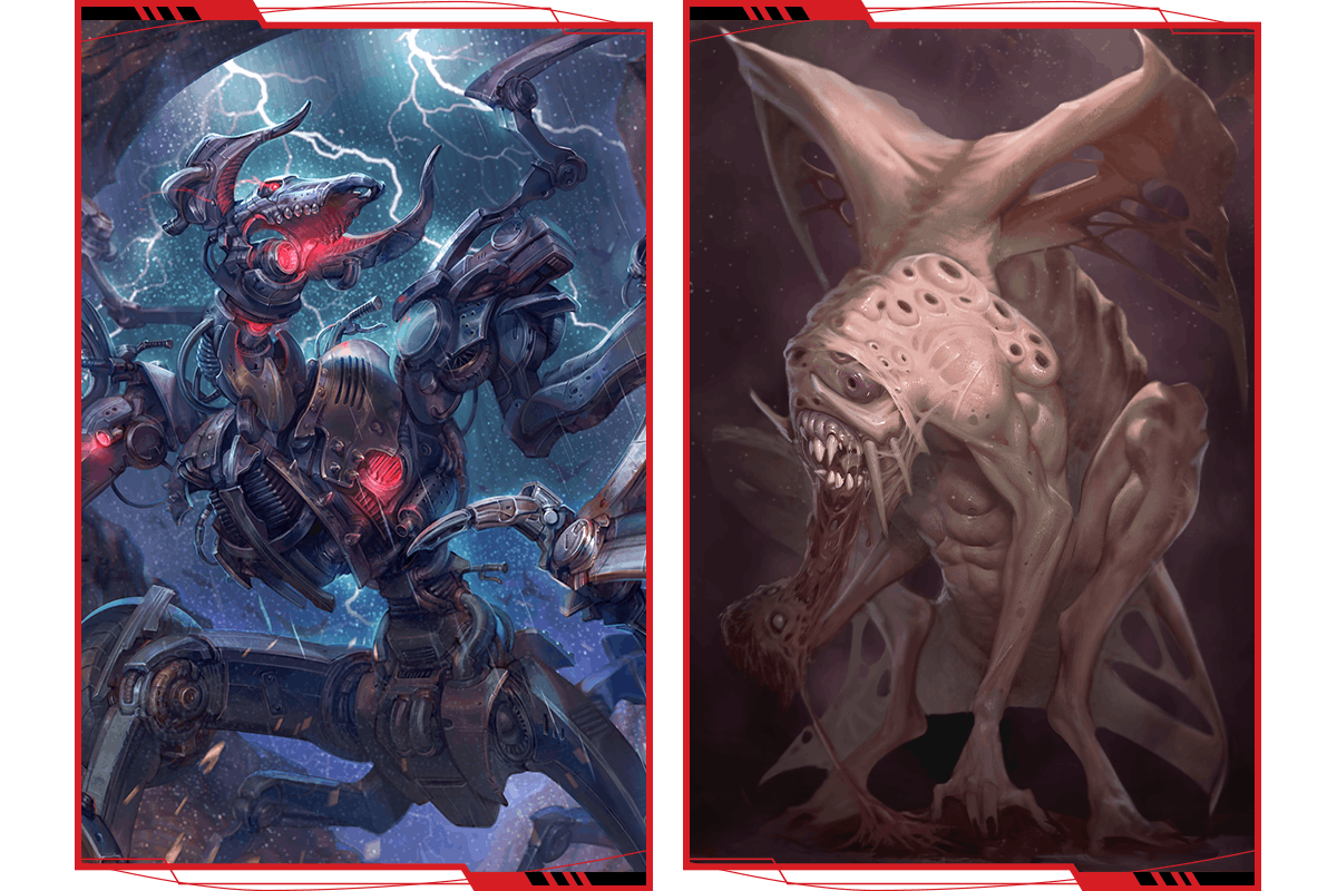 Images of two terrifying creatures—a dangerous mechanical amalgamation and a dark creature of chaos.